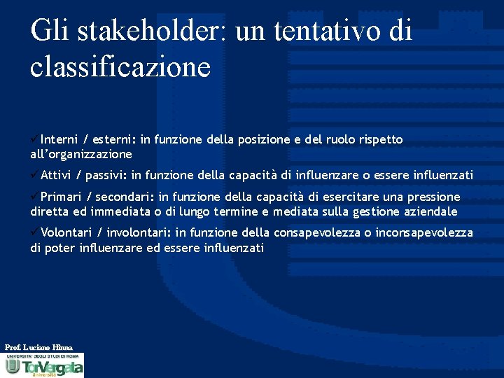 Gli stakeholder: un tentativo di classificazione üInterni / esterni: in funzione della posizione e