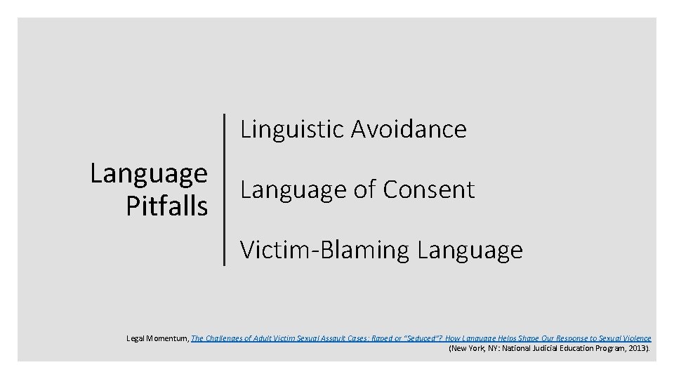 Linguistic Avoidance Language Pitfalls Language of Consent Victim-Blaming Language Legal Momentum, The Challenges of