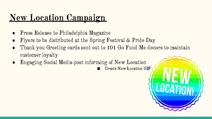 New Location Campaign ● Press Release to Philadelphia Magazine ● Flyers to be distributed