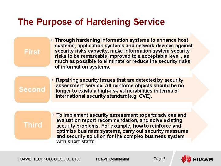 The Purpose of Hardening Service First Second Third • Through hardening information systems to