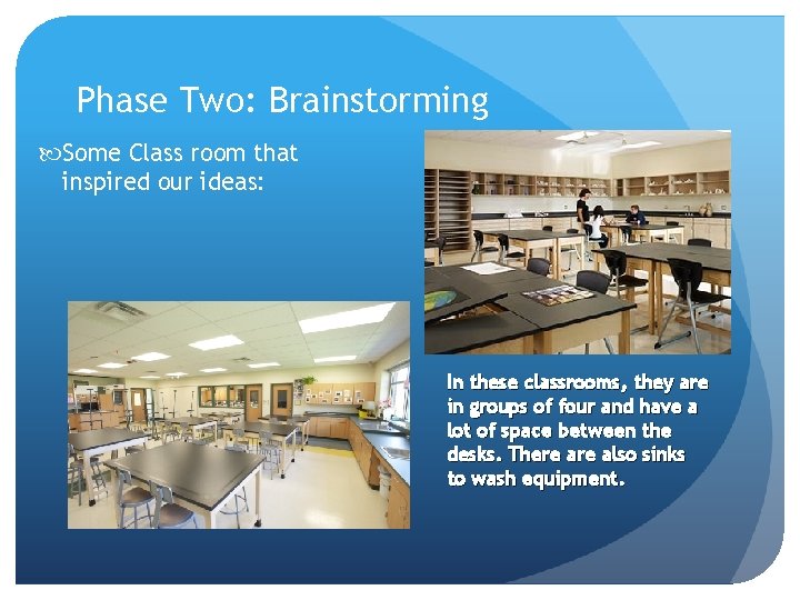 Phase Two: Brainstorming Some Class room that inspired our ideas: In these classrooms, they