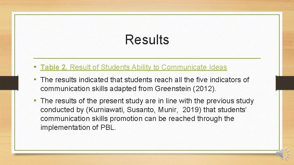 Results • Table 2. Result of Students Ability to Communicate Ideas • The results