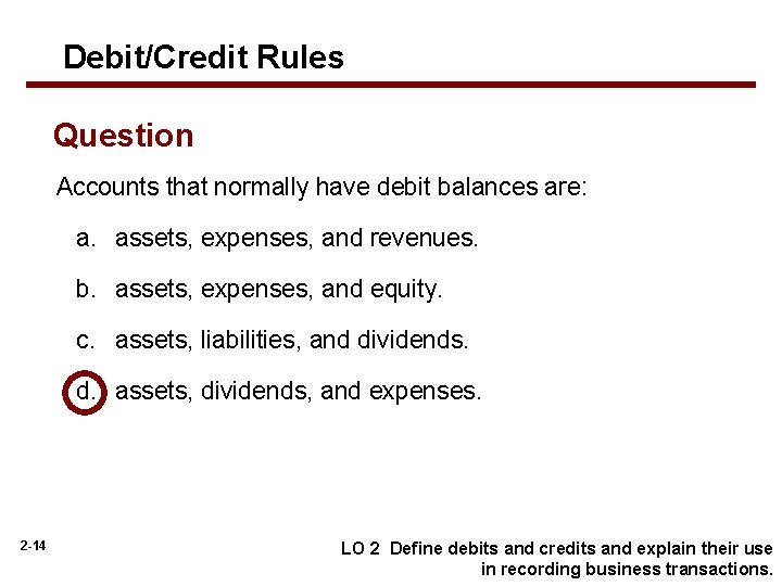 Debit/Credit Rules Question Accounts that normally have debit balances are: a. assets, expenses, and