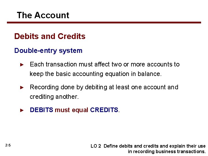 The Account Debits and Credits Double-entry system 2 -5 ► Each transaction must affect