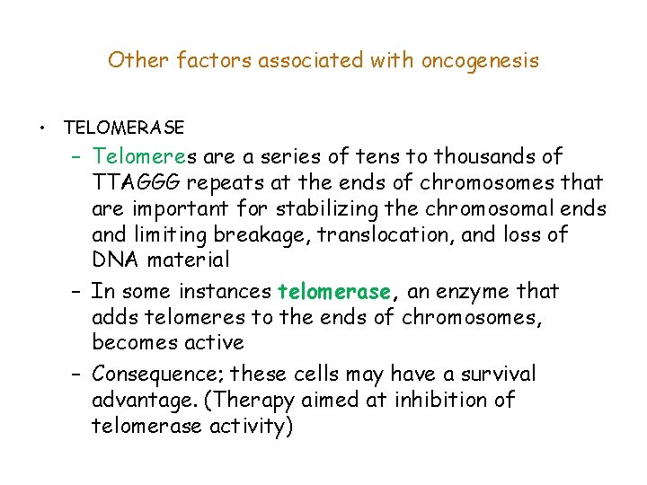 Other factors associated with oncogenesis • TELOMERASE – Telomeres are a series of tens