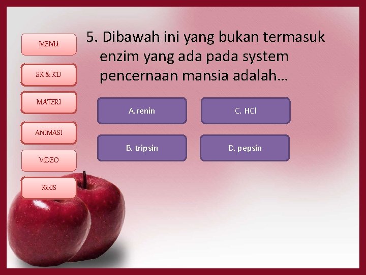 MENU SK & KD MATERI 5. Dibawah ini yang bukan termasuk enzim yang ada