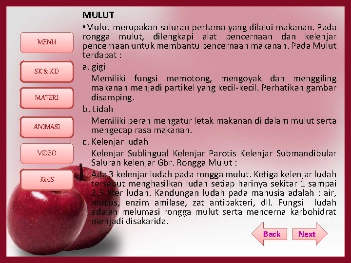 MENU SK & KD MATERI ANIMASI Vi. DEO KUIS MULUT • Mulut merupakan saluran