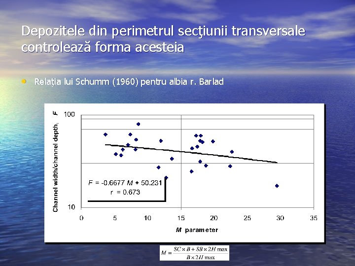 Depozitele din perimetrul secţiunii transversale controlează forma acesteia • Relaţia lui Schumm (1960) pentru