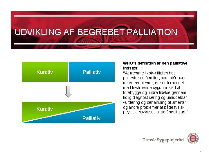 UDVIKLING AF BEGREBET PALLIATION Kurativ Palliativ Kurativ WHO’s definition af den palliative indsats: ”At