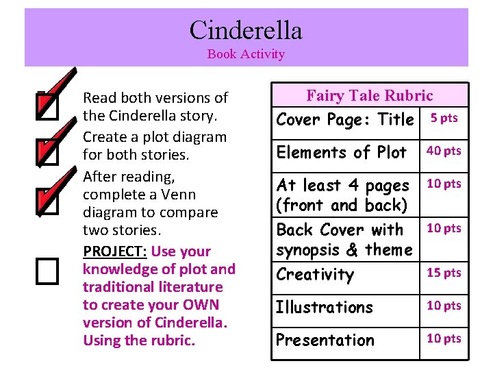 Cinderella Book Activity Read both versions of the Cinderella story. Create a plot diagram