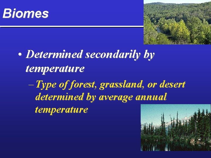 Biomes • Determined secondarily by temperature – Type of forest, grassland, or desert determined