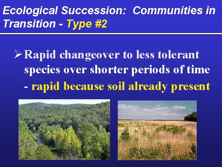 Ecological Succession: Communities in Transition - Type #2 Ø Rapid changeover to less tolerant