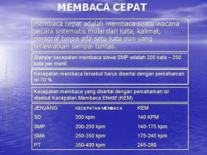 MEMBACA CEPAT Membaca cepat adalah membaca suatu wacana secara sistematis mulai dari kata, kalimat,