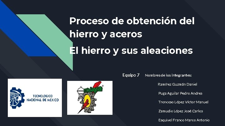 Proceso de obtención del hierro y aceros El hierro y sus aleaciones Equipo 7