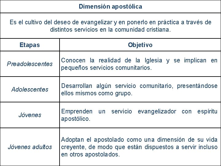 Dimensión apostólica Es el cultivo del deseo de evangelizar y en ponerlo en práctica