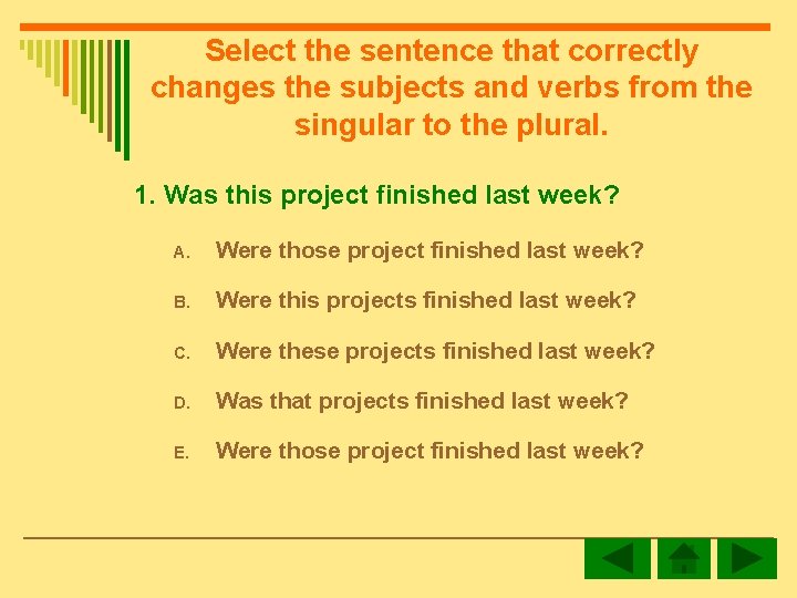 Select the sentence that correctly changes the subjects and verbs from the singular to