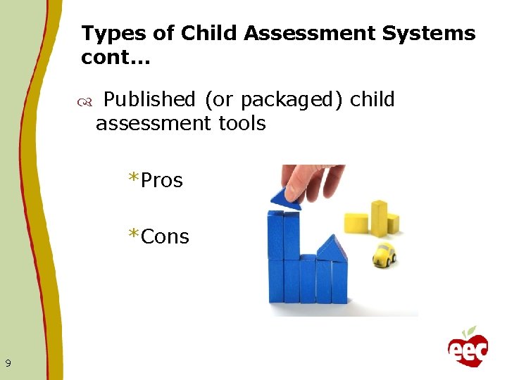 Types of Child Assessment Systems cont… Published (or packaged) child assessment tools *Pros *Cons