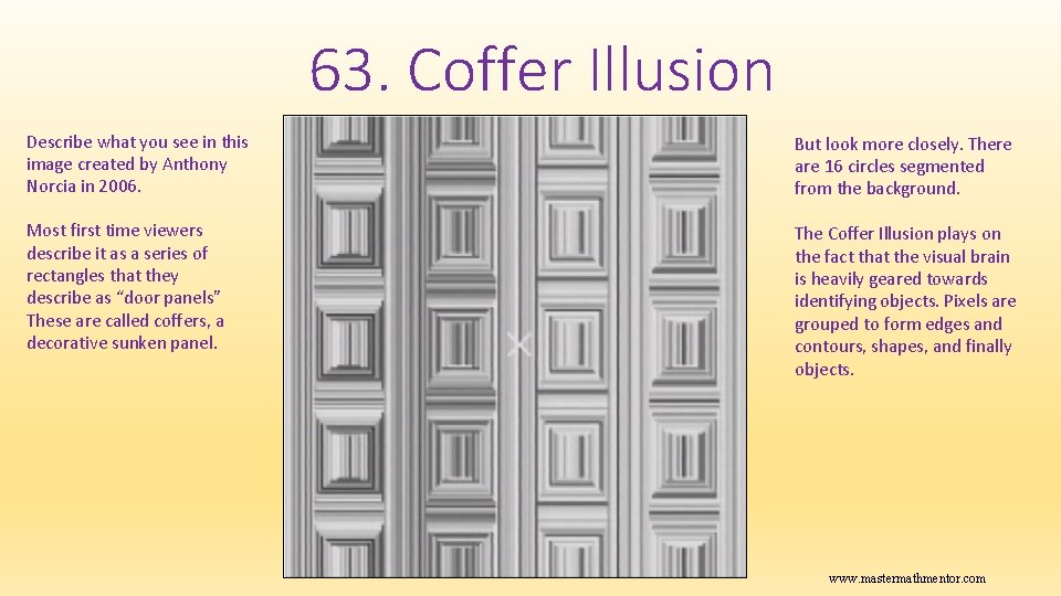 63. Coffer Illusion Describe what you see in this image created by Anthony Norcia