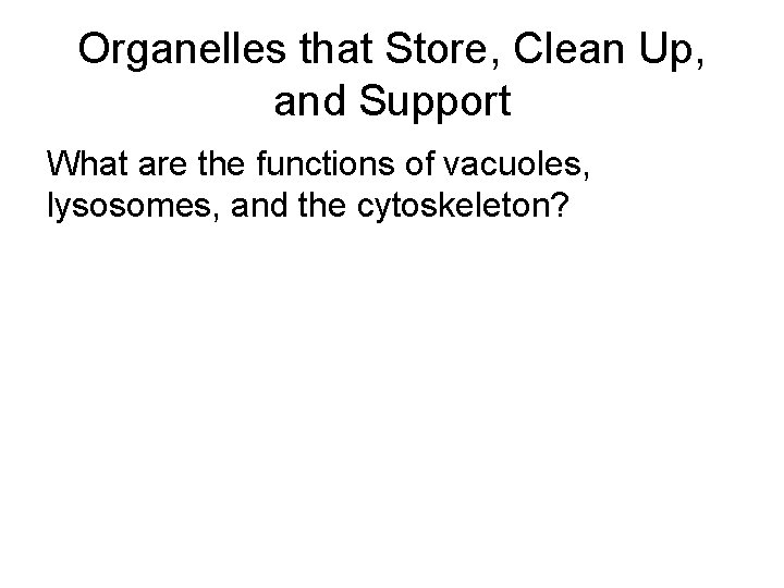 Organelles that Store, Clean Up, and Support What are the functions of vacuoles, lysosomes,