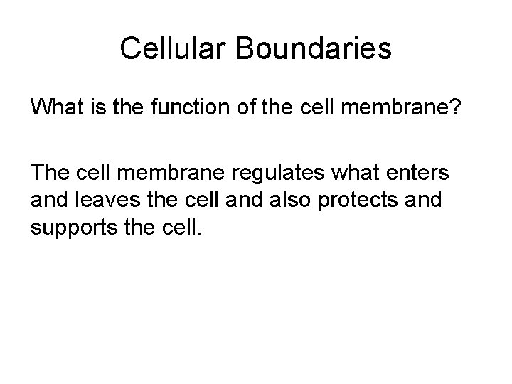 Cellular Boundaries What is the function of the cell membrane? The cell membrane regulates