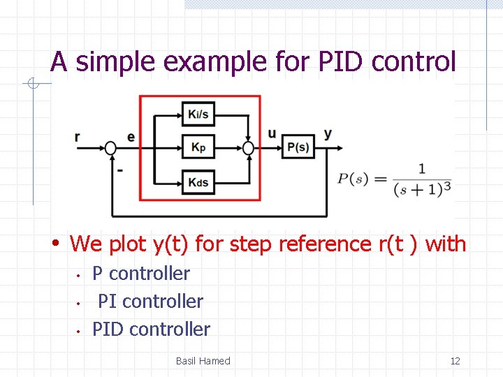 A simple example for PID control • We plot y(t) for step reference r(t