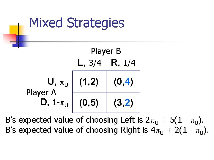 Mixed Strategies Player B L, 3/4 R, 1/4 U, U Player A D, 1