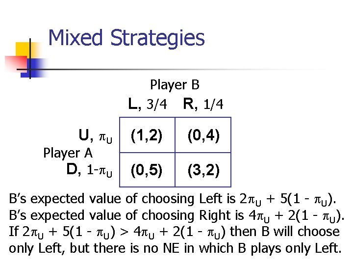 Mixed Strategies Player B L, 3/4 R, 1/4 U, U Player A D, 1