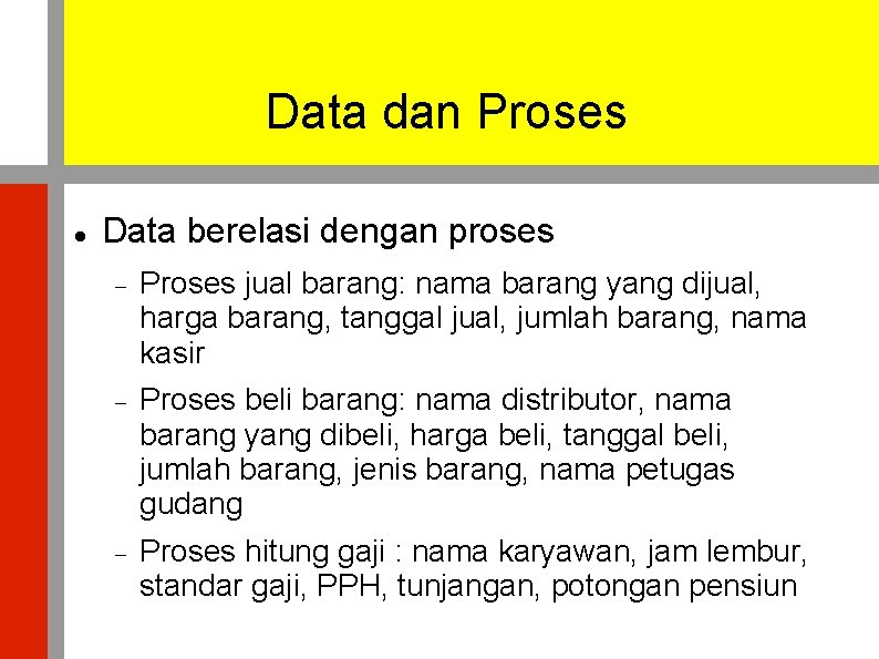 Data dan Proses Data berelasi dengan proses Proses jual barang: nama barang yang dijual,