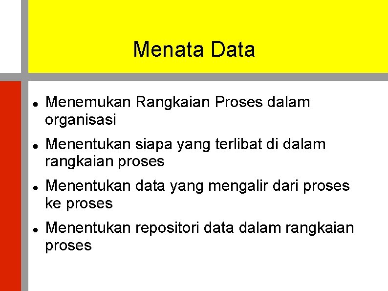 Menata Data Menemukan Rangkaian Proses dalam organisasi Menentukan siapa yang terlibat di dalam rangkaian