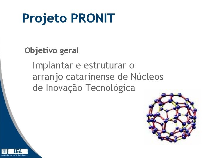 Projeto PRONIT Objetivo geral Implantar e estruturar o arranjo catarinense de Núcleos de Inovação Projeto PRONIT Objetivo geral Implantar e estruturar o arranjo catarinense de Núcleos de Inovação