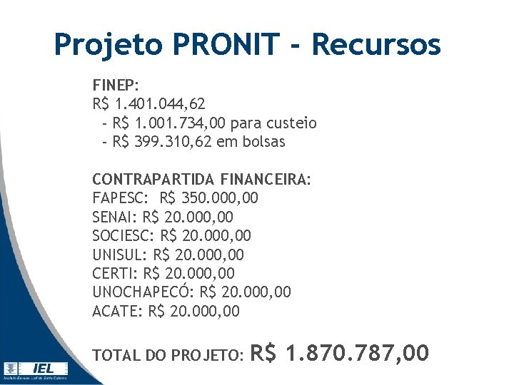 Projeto PRONIT - Recursos FINEP: R$ 1. 401. 044, 62 - R$ 1. 001. Projeto PRONIT - Recursos FINEP: R$ 1. 401. 044, 62 - R$ 1. 001.