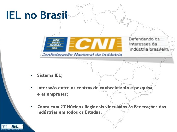 IEL no Brasil • Sistema IEL; • Interação entre os centros de conhecimento e IEL no Brasil • Sistema IEL; • Interação entre os centros de conhecimento e