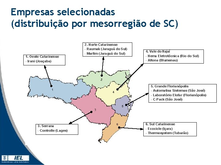 Empresas selecionadas (distribuição por mesorregião de SC) 1. Oeste Catarinense - Irani (Joaçaba) 2. Empresas selecionadas (distribuição por mesorregião de SC) 1. Oeste Catarinense - Irani (Joaçaba) 2.