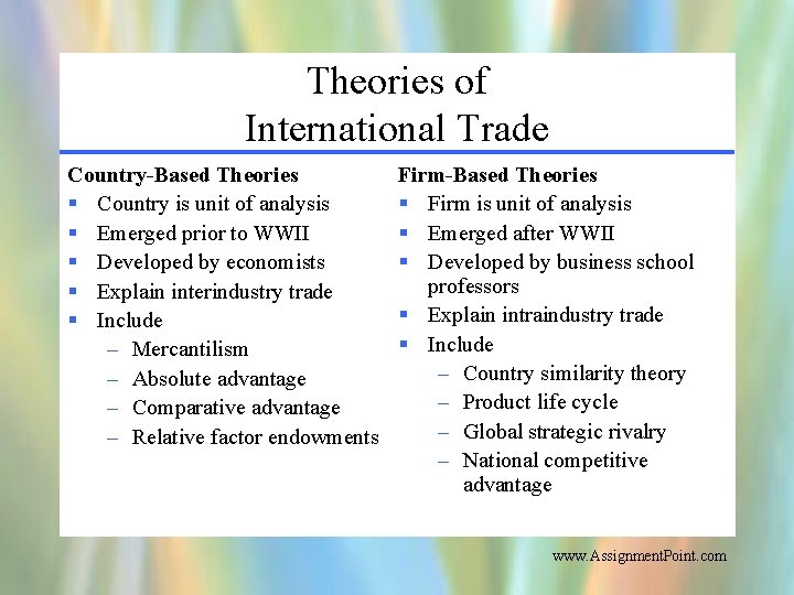 Theories of International Trade Country-Based Theories § Country is unit of analysis § Emerged