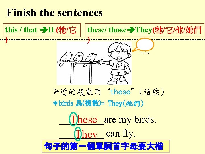 Finish the sentences this / that It (牠/它 ) these/ those They(牠/它/他/她們 ) …