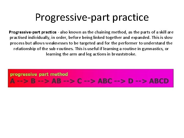 Progressive-part practice - also known as the chaining method, as the parts of a