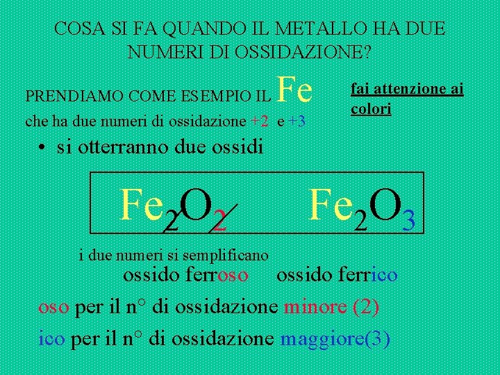 COSA SI FA QUANDO IL METALLO HA DUE NUMERI DI OSSIDAZIONE? Fe PRENDIAMO COME