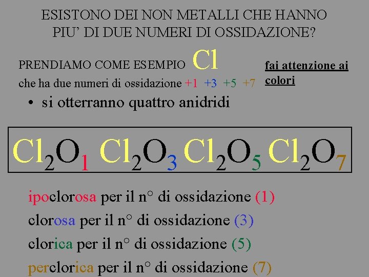 ESISTONO DEI NON METALLI CHE HANNO PIU’ DI DUE NUMERI DI OSSIDAZIONE? Cl PRENDIAMO