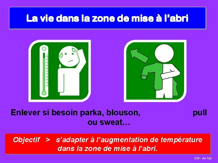 La vie dans la zone de mise à l’abri Enlever si besoin parka, blouson,