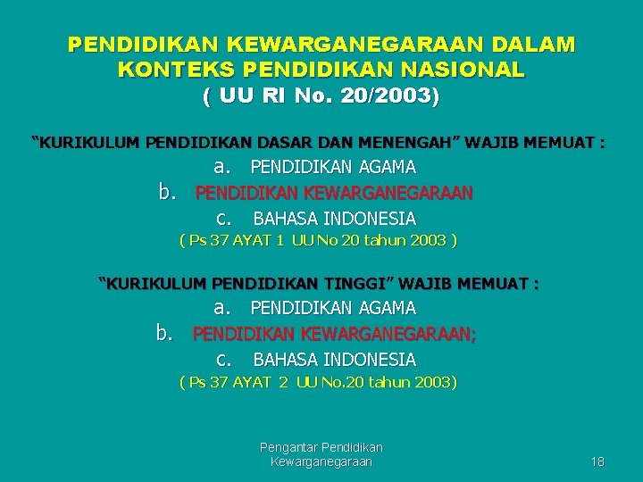 PENDIDIKAN KEWARGANEGARAAN DALAM KONTEKS PENDIDIKAN NASIONAL ( UU RI No. 20/2003) “KURIKULUM PENDIDIKAN DASAR