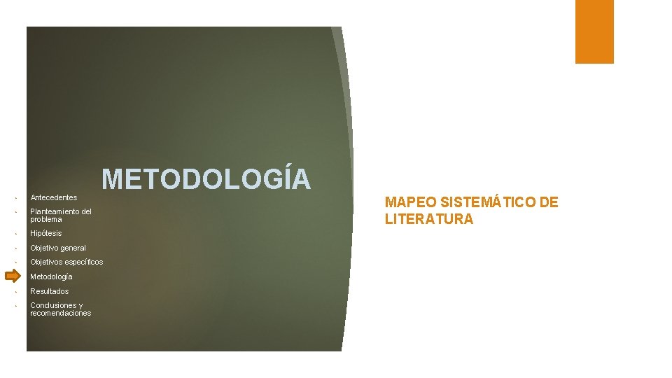 METODOLOGÍA • Antecedentes • Planteamiento del problema • Hipótesis • Objetivo general • Objetivos