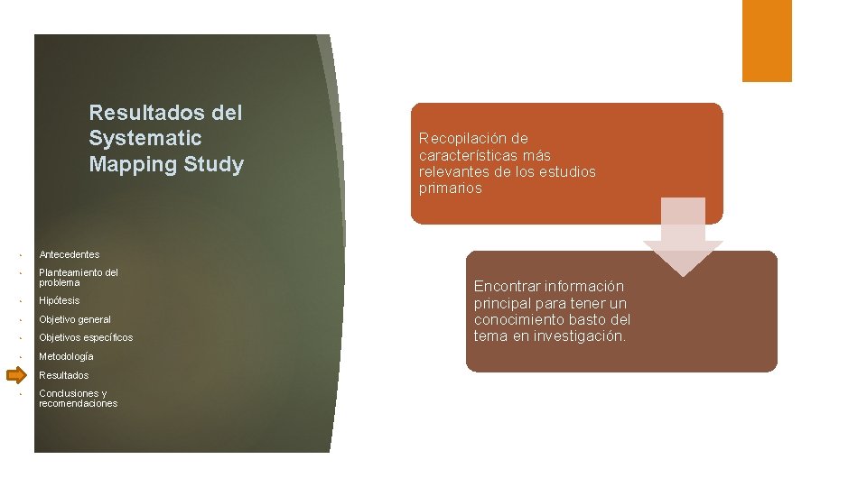 Resultados del Systematic Mapping Study • Antecedentes • Planteamiento del problema • Hipótesis •