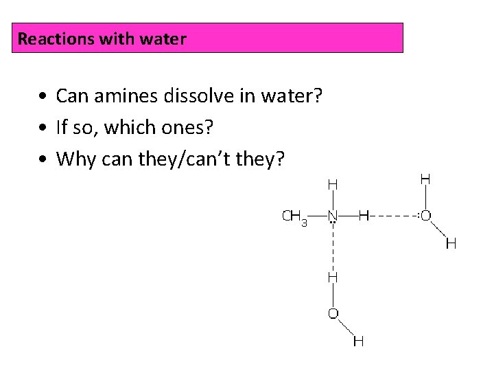 Reactions with water • Can amines dissolve in water? • If so, which ones?