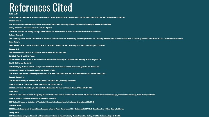 References Cited Field, Judith 2006 Reference Collections. In Ancient Starch Research, edited by Robin