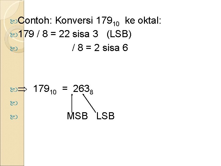  Contoh: Konversi 17910 ke oktal: 179 / 8 = 22 sisa 3 (LSB)