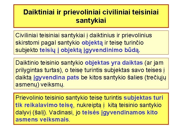 Daiktiniai ir prievoliniai civiliniai teisiniai santykiai Civiliniai teisiniai santykiai į daiktinius ir prievolinius skirstomi