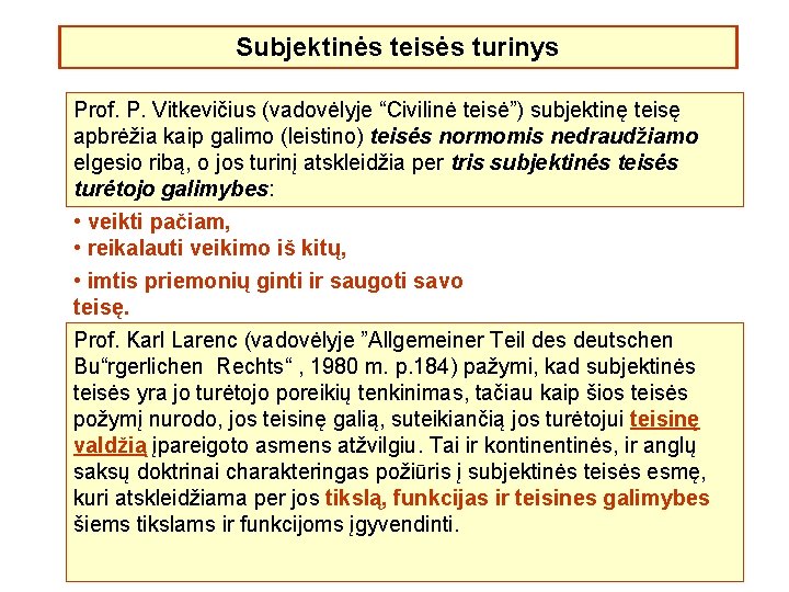 Subjektinės teisės turinys Prof. P. Vitkevičius (vadovėlyje “Civilinė teisė”) subjektinę teisę apbrėžia kaip galimo Subjektinės teisės turinys Prof. P. Vitkevičius (vadovėlyje “Civilinė teisė”) subjektinę teisę apbrėžia kaip galimo