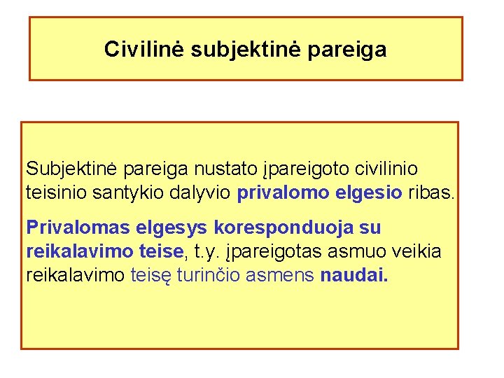 Civilinė subjektinė pareiga Subjektinė pareiga nustato įpareigoto civilinio teisinio santykio dalyvio privalomo elgesio ribas.