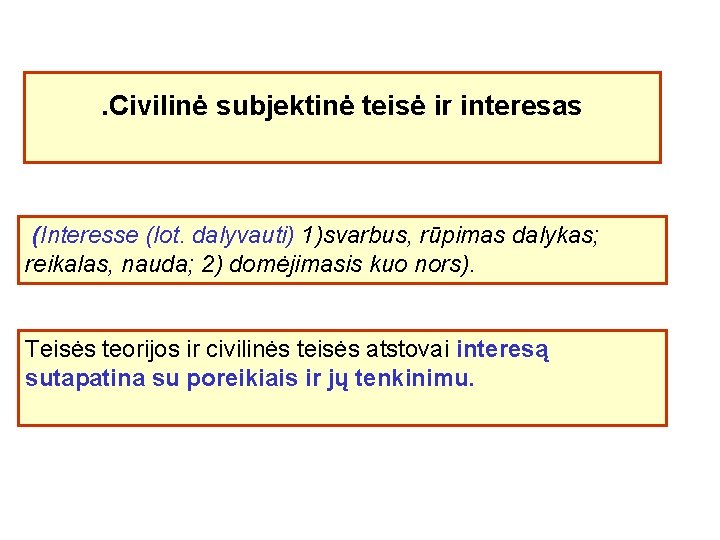 . Civilinė subjektinė teisė ir interesas (Interesse (lot. dalyvauti) 1)svarbus, rūpimas dalykas; reikalas, nauda;