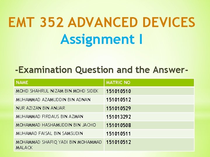EMT 352 ADVANCED DEVICES Assignment I -Examination Question and the Answer. NAME MATRIC NO